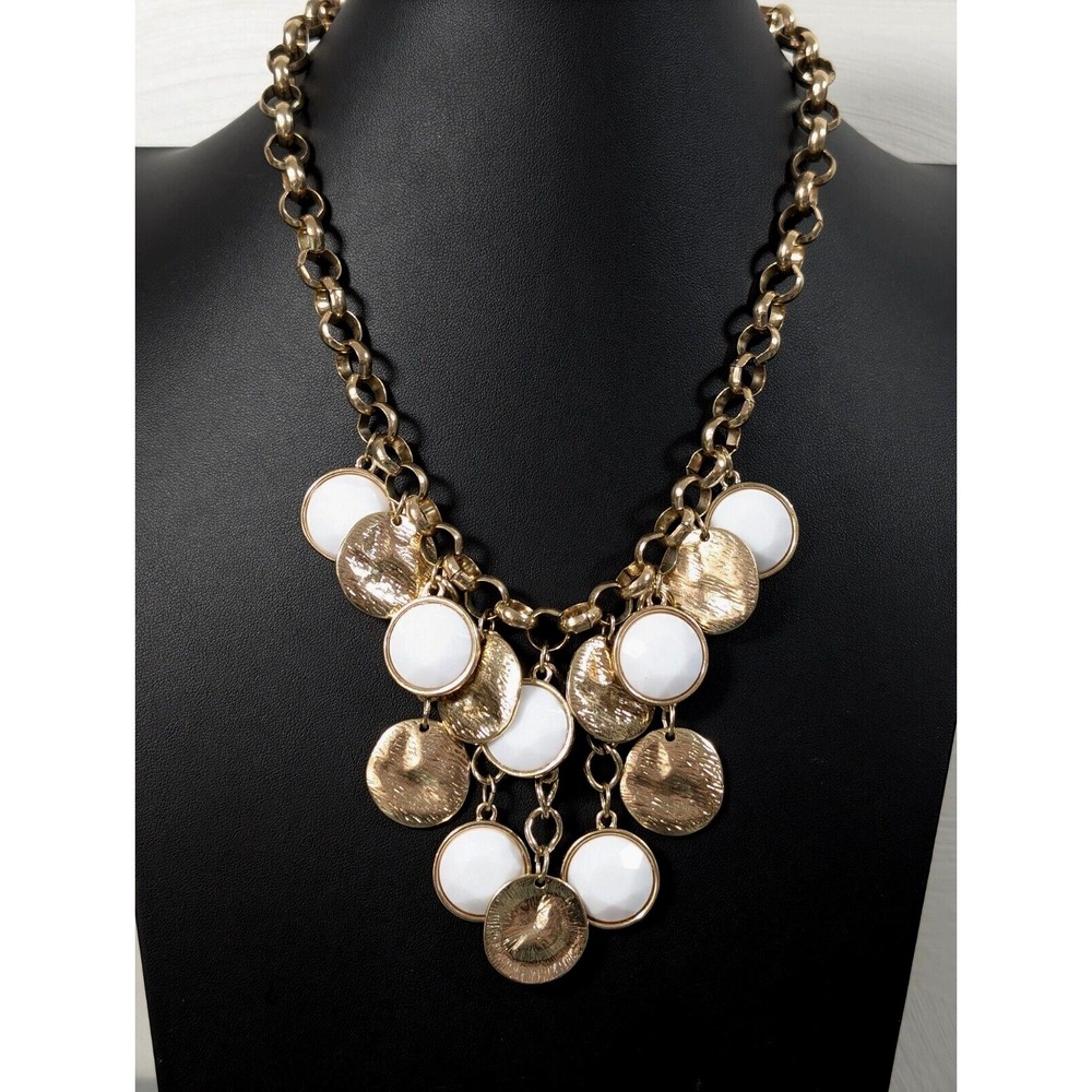 Western Boho Gold Tone Hammered White Round Charm Bib Statement Necklace 21 in